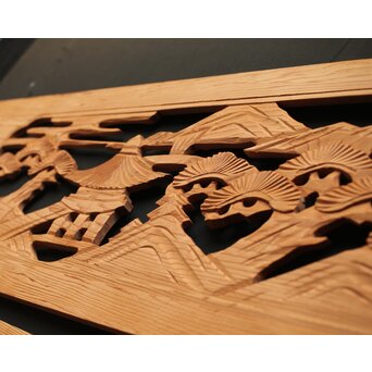 楼閣図 枠無木彫欄間 2枚1組　R0189 