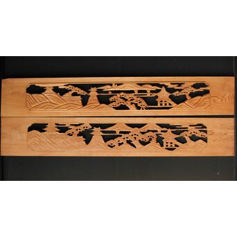 楼閣図 枠無木彫欄間 2枚1組　R0189 