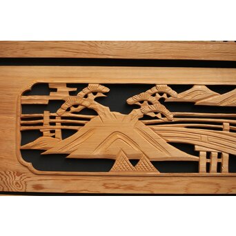 楼閣図 枠無木彫欄間 6枚1組　R0190 