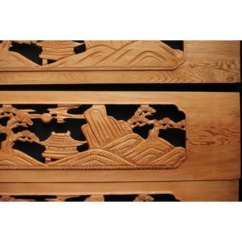 楼閣図 枠無木彫欄間 6枚1組　R0190 