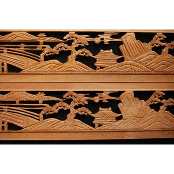 楼閣図 枠無木彫欄間 6枚1組　R0190 