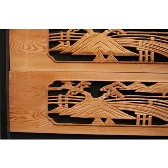 楼閣図 枠無木彫欄間 6枚1組　R0190 