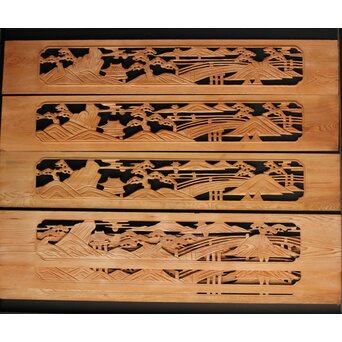 楼閣図 枠無木彫欄間 6枚1組　R0190 