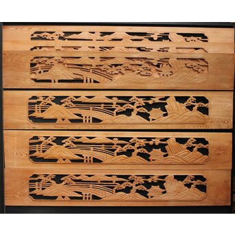 楼閣図 枠無木彫欄間 6枚1組　R0190