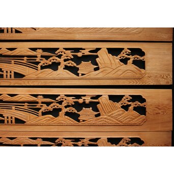 楼閣図 枠無木彫欄間 6枚1組　R0190 