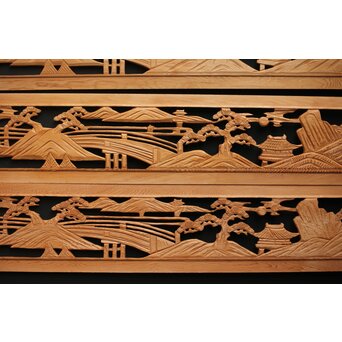 楼閣図 枠無木彫欄間 6枚1組　R0190 