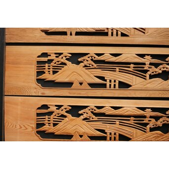 楼閣図 枠無木彫欄間 6枚1組　R0190 