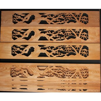 竹梅図 枠無木彫欄間 8枚1組　R0191 