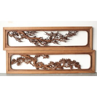 安太郎作 井波松梅木彫欄間 2枚1組　R0193 