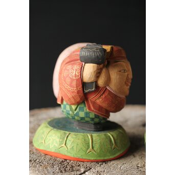 倣 聾中倬 平櫛田中写 福聚大黒天尊像/福徳恵比寿天尊像 彩色木彫　X355 