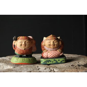 倣 聾中倬 平櫛田中写 福聚大黒天尊像/福徳恵比寿天尊像 彩色木彫　X355