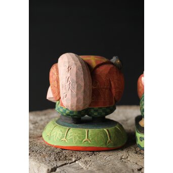 倣 聾中倬 平櫛田中写 福聚大黒天尊像/福徳恵比寿天尊像 彩色木彫　X355 