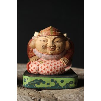 倣 聾中倬 平櫛田中写 福聚大黒天尊像/福徳恵比寿天尊像 彩色木彫　X355 