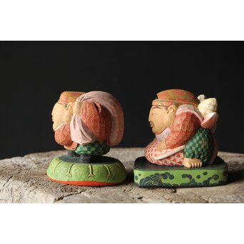 倣 聾中倬 平櫛田中写 福聚大黒天尊像/福徳恵比寿天尊像 彩色木彫　X355 