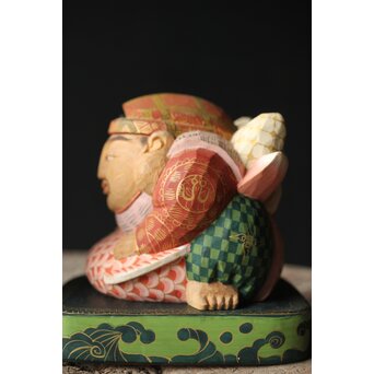 倣 聾中倬 平櫛田中写 福聚大黒天尊像/福徳恵比寿天尊像 彩色木彫　X355 