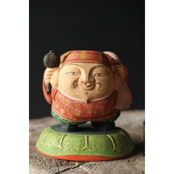 倣 聾中倬 平櫛田中写 福聚大黒天尊像/福徳恵比寿天尊像 彩色木彫　X355 