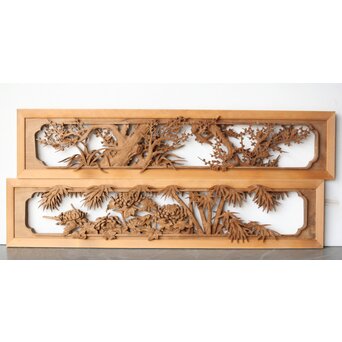 在銘 四君子 井波彫刻欄間 2枚1組　R0198