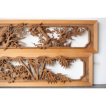 在銘 四君子 井波彫刻欄間 2枚1組　R0198 