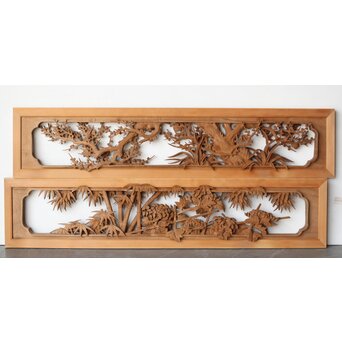 在銘 四君子 井波彫刻欄間 2枚1組　R0198 