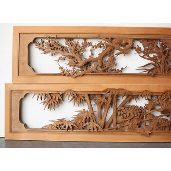 在銘 四君子 井波彫刻欄間 2枚1組　R0198 