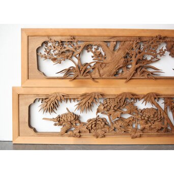 在銘 四君子 井波彫刻欄間 2枚1組　R0198 