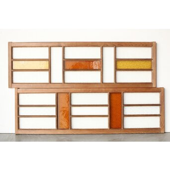 多種ガラス 細分割 黄色橙ガラス中型欄間 2枚1組　R0203Y