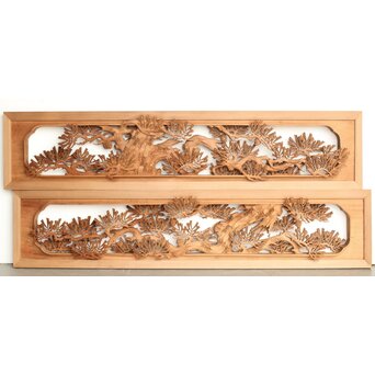 侊陽銘 深彫松 木彫欄間 2枚1組　R0214