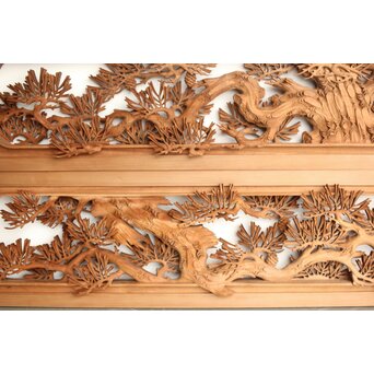 侊陽銘 深彫松 木彫欄間 2枚1組　R0214 