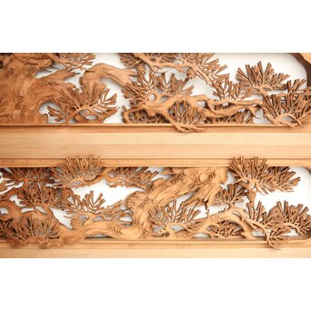 侊陽銘 深彫松 木彫欄間 2枚1組　R0214 