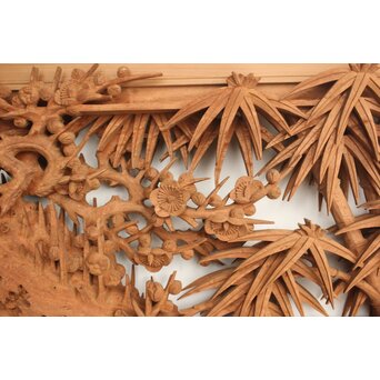 侊陽銘 深彫松竹梅 木彫欄間 2枚1組　R0215Y 