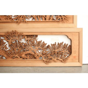 侊陽銘 深彫松竹梅 木彫欄間 2枚1組　R0215Y 