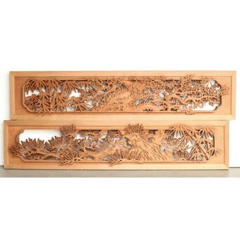 侊陽銘 深彫松竹梅 木彫欄間 2枚1組　R0215Y 