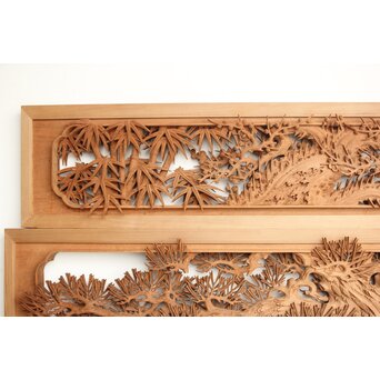 侊陽銘 深彫松竹梅 木彫欄間 2枚1組　R0215Y 