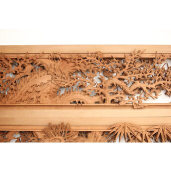 侊陽銘 深彫松竹梅 木彫欄間 2枚1組　R0215Y 