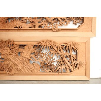 侊陽銘 深彫松竹梅 木彫欄間 2枚1組　R0215Y 