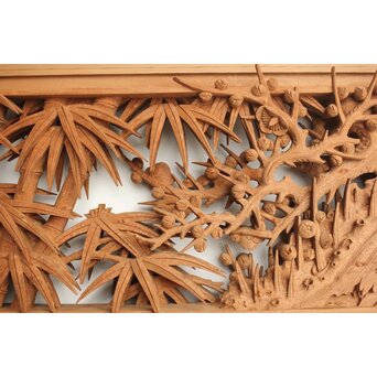 侊陽銘 深彫松竹梅 木彫欄間 2枚1組　R0215Y 