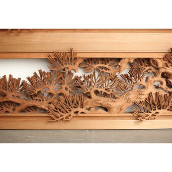 侊陽銘 深彫松竹梅 木彫欄間 2枚1組　R0215Y 