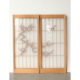梅に鶯 ガラス書院戸 2枚1組　R0222 