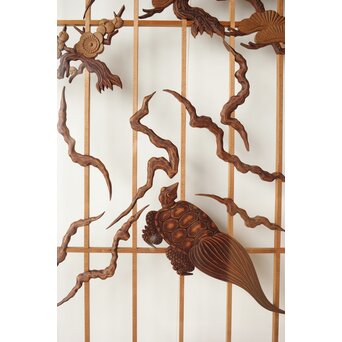 鶴亀木彫 大型ガラス書院 2枚1組　R0225 