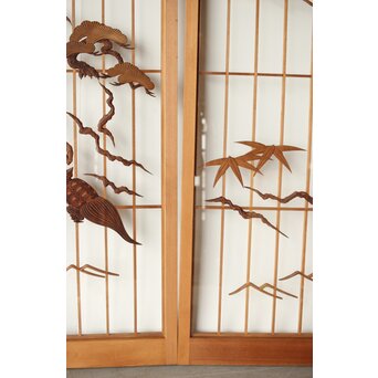 鶴亀木彫 大型ガラス書院 2枚1組　R0225 