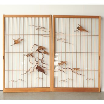 鶴亀木彫 大型ガラス書院 2枚1組　R0225