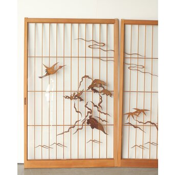 鶴亀木彫 大型ガラス書院 2枚1組　R0225 