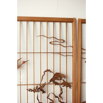 鶴亀木彫 大型ガラス書院 2枚1組　R0225 