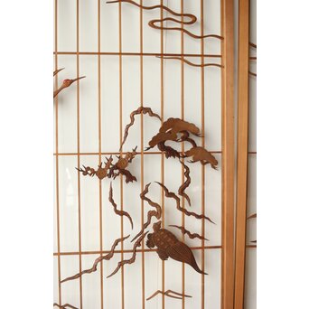 鶴亀木彫 大型ガラス書院 2枚1組　R0225 