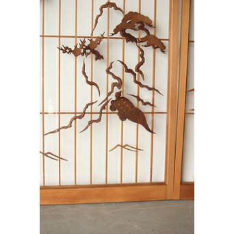 鶴亀木彫 大型ガラス書院 2枚1組　R0225 