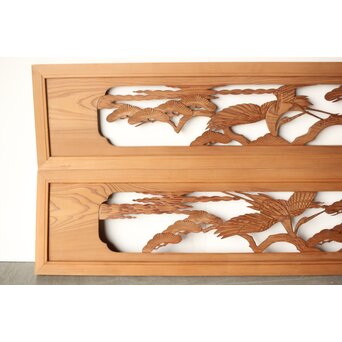 鶴亀木彫欄間 2枚1組　R0228 