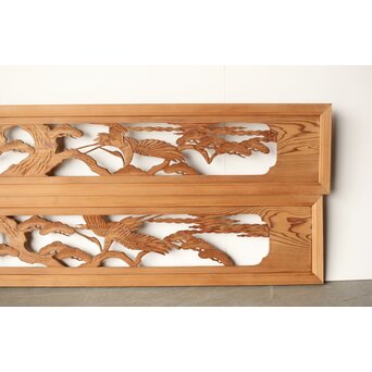 鶴亀木彫欄間 2枚1組　R0228 