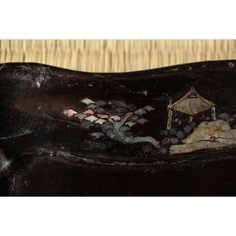 江千里製 青貝布袋図 入隅四方黒漆盆/香盆　Q306 