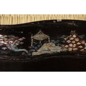 江千里製 青貝布袋図 入隅四方黒漆盆/香盆　Q306 