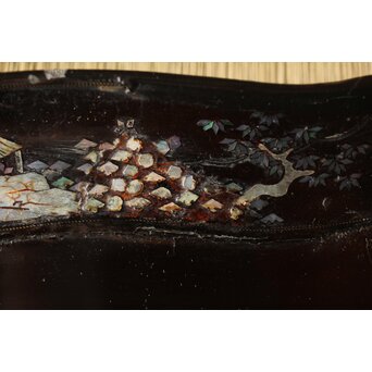 江千里製 青貝布袋図 入隅四方黒漆盆/香盆　Q306 